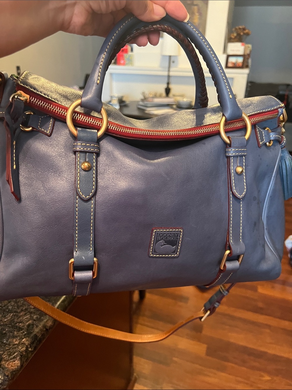 Dooney & Bourke Navy Leather Duffel with Tan Trim - Picture 8 of 8